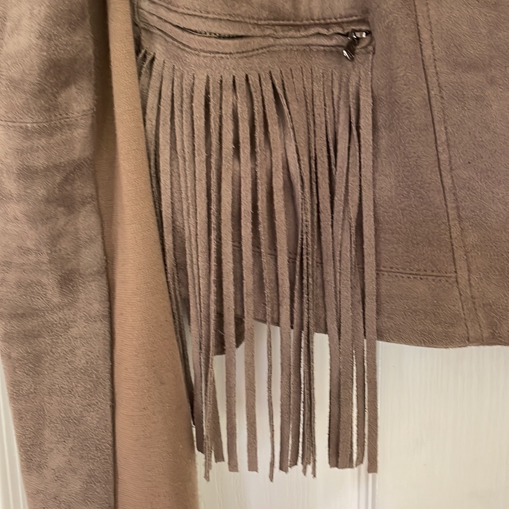 Fate Taupe Fringe Faux Suede Moto Jacket Large - Picture 2 of 11